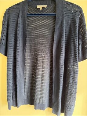 Laura Openwork Short Sleeve Cardigan in Navy Blue